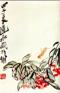 斉白石 Painting - 斉白石インパチェンスとバッタの古い墨